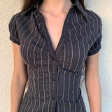Dermearne Y2K Striped Blouse Women's Summer French Style Button-up Turn-down Collar Shirt Vintage Streetwear Chic Elegant Tops