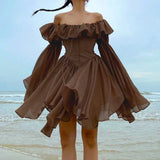 Elegant Chiffon Corset Dress Brown Flare Long Sleeve Mini Dresses Vacation Short Party Dress Ruffles Slash Neck Outfit