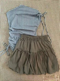 Korean Fashion Thin Lace Up 2 Piece Set Women Vintage Chic Stripe Sleeveless Tops Female + High Waist Solid Ruffle Short Skirt