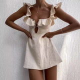 Summer Hollow Out Button Ruffles Short Dress Sexy V Neck Sleeveless Solid Color Dress New Holiday Beach Cotton Linen Mini Dress