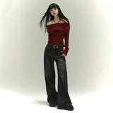 Women Skew Collar Long Sleeve T Shirts Slim Sexy Vintage Tshirts Streetwear Y2k Top Female Tees 2024 Spring Summer New Clothing
