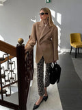 2024 New Women's Brown Lapel Solid Blazer Coat Female Commute Long Sleeves Pocket Loose Jacket Casual Lady Irregular Outerwear