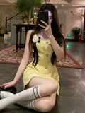 Yellow French Small Fragrant Tweed Party Dress For Women High Quality Korean Sweet Fashion 3D Flower Slim Summer Dresses