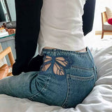 Y2K Sexy Hollow Butterfly Embroidery Jeans Women High Waist Slim Wide Leg Denim Pants Kpop Ins Fashion Streewear