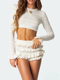 Women Knitted 2 Piece Short Set Chic Solid Color Crew Neck Long Sleeve Knit Crop Tops Ruffles Tiered Shorts Autumn Outfit Trendy