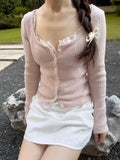 Elegant Women Pink Single Breasted Knit Cardigan Autumn Sweet Ladies Solid O-Neck Sweaters Female Chic Long Sleeve Tops