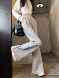Zoki Korean Winter Thick Flare Pants Women Casual High Waist M-3Xl Grey Trousers Lace Up New Pockets Loose Streetwear Sweatpants