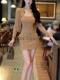 Autumn Knit Solid Vintage 2 Piece Sets Women Sexy Slim Y2k Design Harajuku Mini Dress Suit Female Button Korea Style Casual Sets