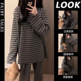 Women Pajamas Set for Home Black and Gray Stripes Sleepwear Long Sleeve Pants Suit 2 Pieces Spring Night Wear Pijamas Feminino