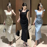 Black Square Collar Dress Women 2024 Summer Sexy Slim Elegant Fashion Pleated High Waist A-line Long Dresses Ladies Clothing