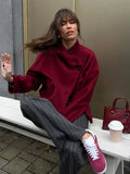 Fashion Collar Single Breasted Women's Woolen Coat Casual Wine Red Long Sleeved Loose Jacket Autumn New High Street Lady Coats