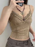 y2k Lace Mini Vest Women Spaghetti Strap Khaki Crop Top Women Harajuku Basic Casual Sweats Vintage Chic Camis Summer
