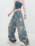 Y2K Ripped Floral Printed Jeans for Women Harajuku High Waisted Denim Pants Female Retro Casual Streetwear Trousers