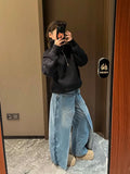 New Denim Blue Wide Leg Pants High Waist Fashion Blue Full Length Jeans 2000s Aesthetic Casual Trousers Split Hem Retro Trend