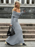 Dermearne 1 Off-Shoulder Knit Long Dress Women High Waist Slim Elegant Fashion Pleated Maxi Dress Long Sleeve Backless Knitwear Dress
