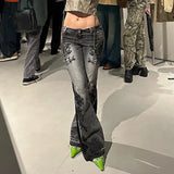 Streetwear y2k Flare Jeans Distressed 2000s Floral Print Low Rise Slim Denim Pants Korean Women Trousers Retro Mom Jeans