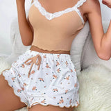 Dermearne Women Pajama Set Lace Patchwork V-Neck Sleepwear Sexy Female Nighties Suit Cami Top Printed Shorts Soft Pyjamas Loungewear 2psc