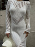 Dermearne Elegant Hollow Out Knitted Maxi Dress for Women Autumn Long Sleeve Slim Holidays Party Dress Fashion Slit Sexy Dress White