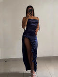 Dermearne Sexy Satin Bodycon Long Dress Women Vintage Backless Strapless Ruffles Fork Party Club Elegant Evening Dresses Female Vestidos