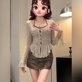 Sexy Lace Shirt+Camisole Top for Women 2024 Flare Sleeves Elastic Perspective Cardigan Spring/summer Lotus Edge Shirt Girl