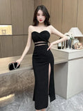 Dermearne Women's White Elegant Birthday Evening Party Strapless Long Dress Summer Black Sexy Club Backless High Split Gowns Dress Fashion
