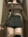 Y2k Sexy Knitted New 2 Piece Set Women Korean Sweet High Street Skirts Suit Female Off Shoulder Sweater + Mini Skirt Pants 2024