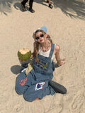 Kawaii Fun Cartoon Embroidered Denim Camisole Pants for Women New Loose Versatile and Casual Oversized American Retro Jumpsuits