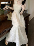 Elegant Dress for Women Korean Fashion Vintage Streetwear Dresses Solid Slim Feathers Camisole Midi 2024 New Spring Summer Dress