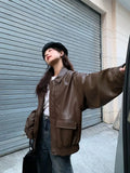 DERMEARNE Women Vintage Pu Jacket Fashion Streetwear Oversize Overcoat American style Casual Lady Casual Loose FauxLeather Jacket clothing