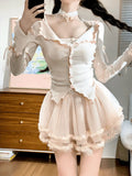 Sweet Kawaii Long Sleeve Cardigan Tops Women Sexy Slim Fit Camisole+ High Waist Ruched Cake Skirts 2024 New Three Piece Sets