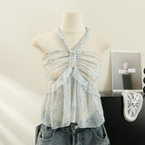 Women Chic Print Halter Camis Slim Basic Sexy Fashion Sleeveless Ruffle Backless Tops Women Top