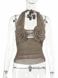 Hollow Out Frill Mesh See Through Crop Top Y2k Sexy Clothes Ruched Backless Halter Going Out Tank Tops Club Summer 2024 XY23581M