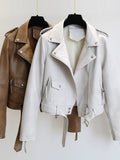 Spring Autumn Women Faux Leather Jacket Slim Streetwear Khaki Leather Coat Biker Moto Jacket with Belt Female Outerwear
