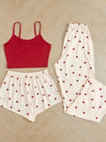 Dermearne Women Summer Sexy Pajamas Sets Female Cute 3Pcs Home Clothing Female Solid Color Strap Heart Print Long & Short Pants Nightwears