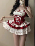 DERMEARNE Summer Sweet Lolita Mini Skirt Suit Women Japanese Kawaii Lace New 2 Piece Set Female Floral Print Strap Tops+ Cake Skirt