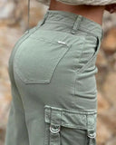 Green Cargo Pants Pocket Design High Waist Button Solid Color Pants Summer New Fashion Loose Women's Pants Streetwear