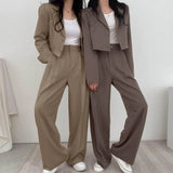 DERMEARNE Women Cropped Blazers Pants Two-piece Set Korean Fashion Button Up Suit Jacket Wide Leg Pants Set Casual Lady Blazer Coat Set