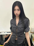 Vintage Sexy Coquette Blouses Women Korean Style Punk Streetwear Striped Print Bandage Hollow Out Slim Shirts 2024 Y2k