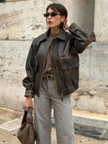 Fading Aging Effect Bomber Jacket For Women 2024 Autumn Lapel Long Sleeve Zipper Pocket Coats Female Street Chic Lady Outerwear
