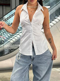 Dermearne Sleeveless Backless Tie Bow Shirts For Women Single Breasted Turn Down V Neck Sexy Halter Tops Solid Summer Vacation