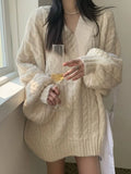 Winter Knitted Sweater Women Korean Fashion Solid Color Oversized Pullover Female Casual Loose Long Sleeve V Neck Twist Knitwear