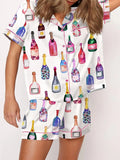 Champagne Bottle Pajamas Set for Women Short Sleeve Button Down Shirt Shorts Set 2 Piece Casual Silk Satin Sleepwear Loungewear