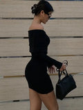 Dermearne Spring New Knitted Sexy Bodycon Mini Dress Women Vintage Off Shoulder Slim Short Party Dresses Slim Sheath