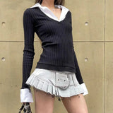 Women Casual College Style POLO Collar Splicing Fake Two Solid Slim Knit Long-Sleeved T-shirt Women Slimming Autumn And Winter