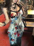 Dermearne New American Style Sexy Gyaru Halter Top Women Design Sweet Print Slim Camisole Summer High Street Coquette Asymmetrical Tees