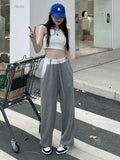 Women Sports Leisure Pants Summer Thin Drawstring Color Block High Waist Slim Loose Legs Fish Scale Fabric Urban Style