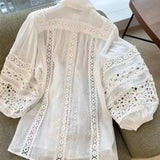 Limiguyue French Hollow out Lace Shirts Summer Women Polo-Neck Lantern Sleeve Embroidery Tops Loose Thin White Linen Blouse Z422