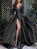 Y2K Women's Dress Splited Deep V-neck Solid Color Belt Summer Hot Gold Swing Long Train Evening Party Dresses Luxury
