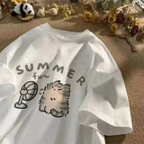 Street Creative Blow Fan Cat Pure Cotton T-shirt for Men Women Relaxed Harajuku Short Sleeve Couple Wear Harajuku Top Unisex