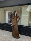 Women's Brown Skirt Sets Vintage High Waist A-Line Long Skirt and Off Shoulder Shirt Slim Vintage Y2k 90s Elegant 2000s Clothes
